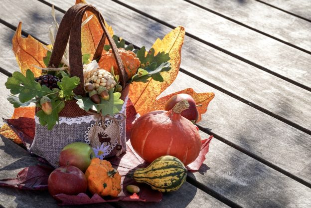 autumn basket with gourds and pumpkins